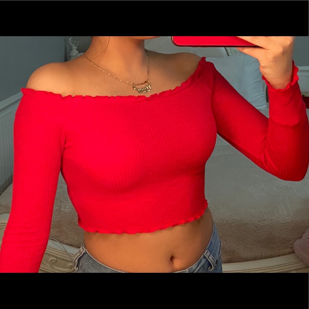 Windsor Ruffled Red Long Sleeve Crop Top